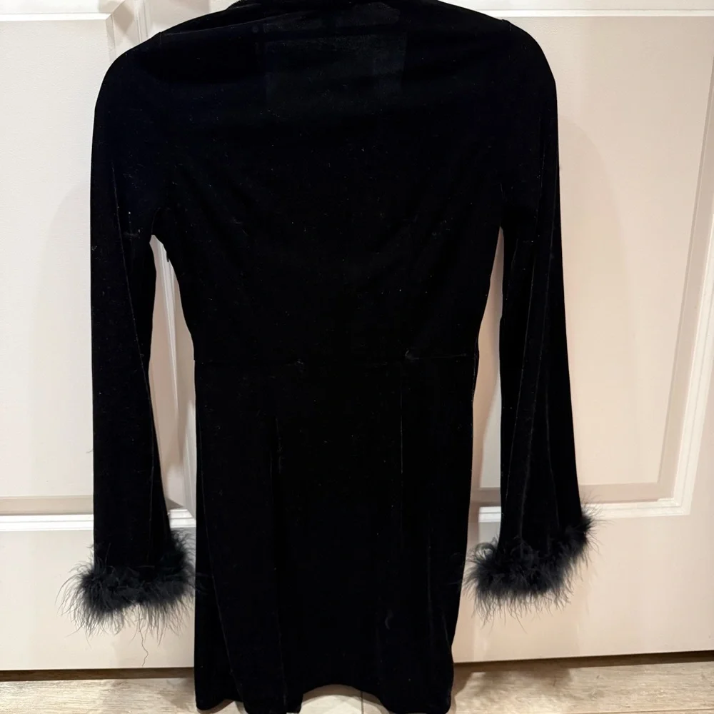 Black Velvet Dress with Feather Cuffs - Picture 2 of 2